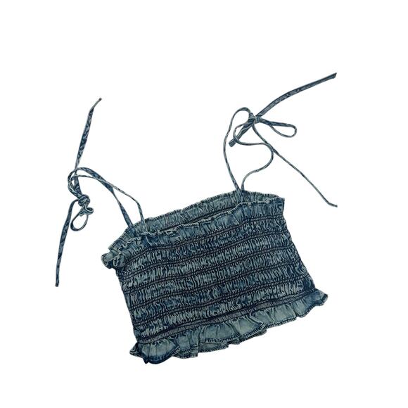 NEW! Womens 100% Cotton Cropped Ruffle Tank Denim‎ Blue Size L Large Summer Top - Picture 6 of 6